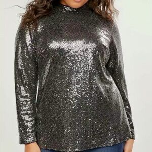 NWT Lane Bryant Black Sequined Mock Neck Long-Sleeve Top Plus Size 20